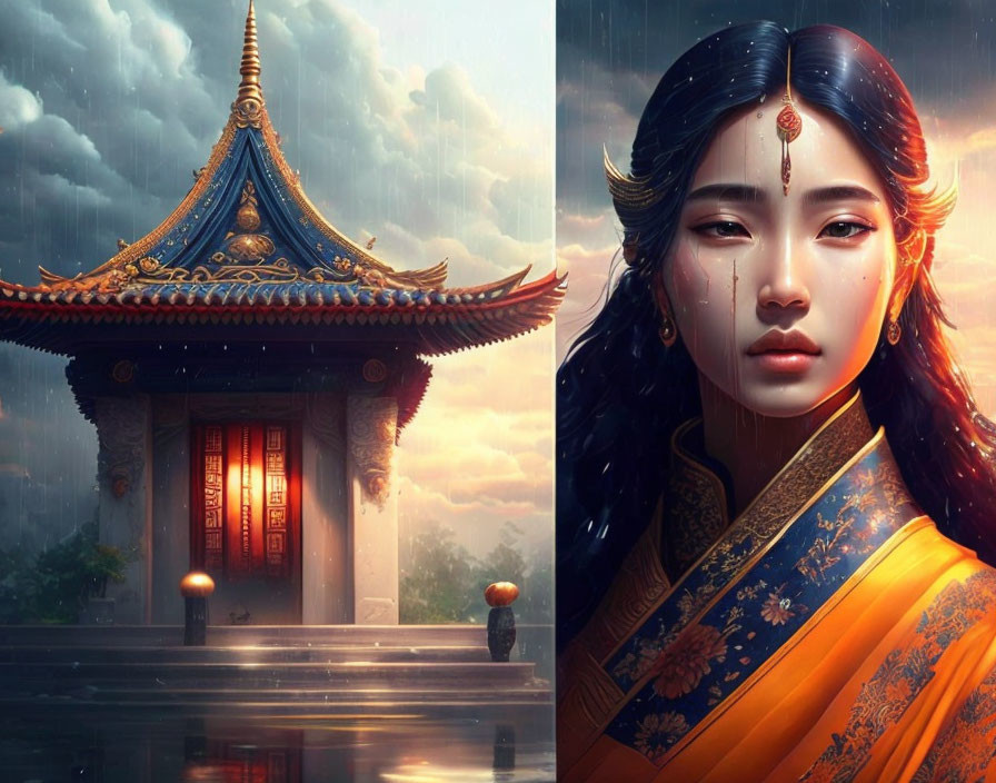 Digital artwork featuring Asian-style pavilion in rain next to serene woman in traditional attire