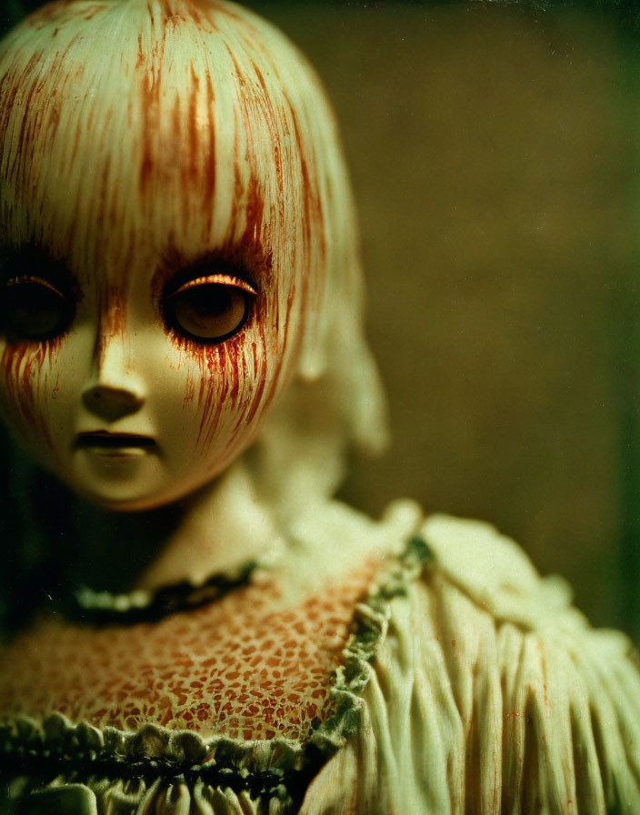 Creepy doll with blood-like stains, pale skin, vintage dress