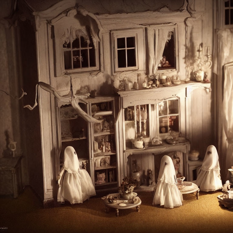 Miniature haunted room with ghost figures, cobwebs, vintage furniture