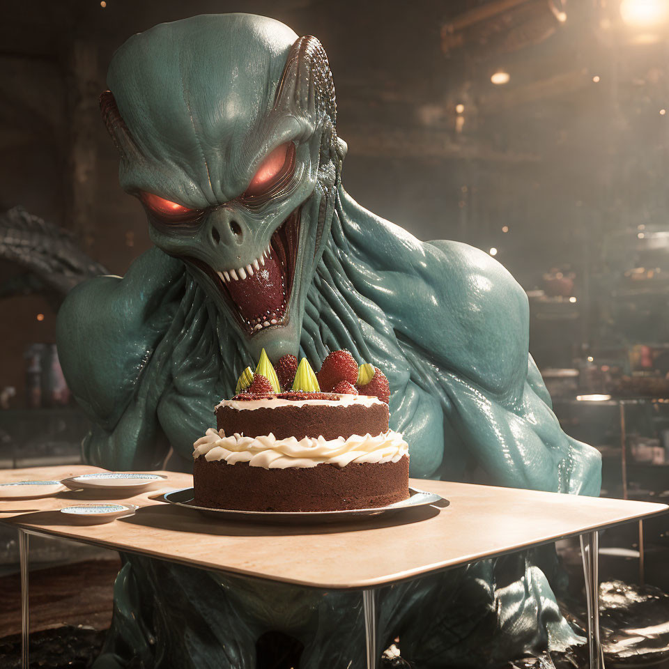 Blue alien with sharp teeth eyeing cream-covered cake and strawberries in dimly lit room