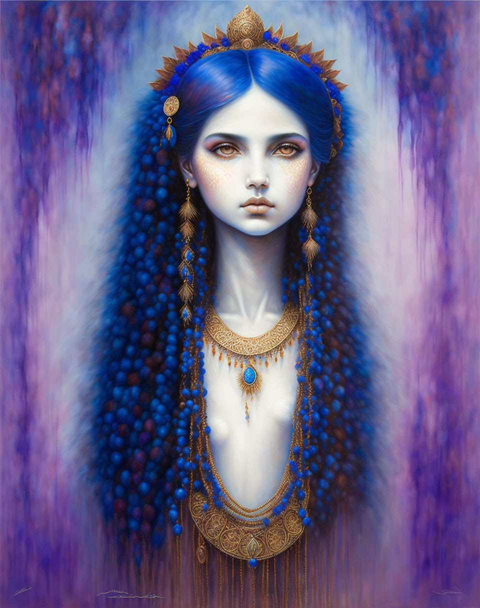 Vibrant surreal portrait of female figure with blue hair and gold adornments