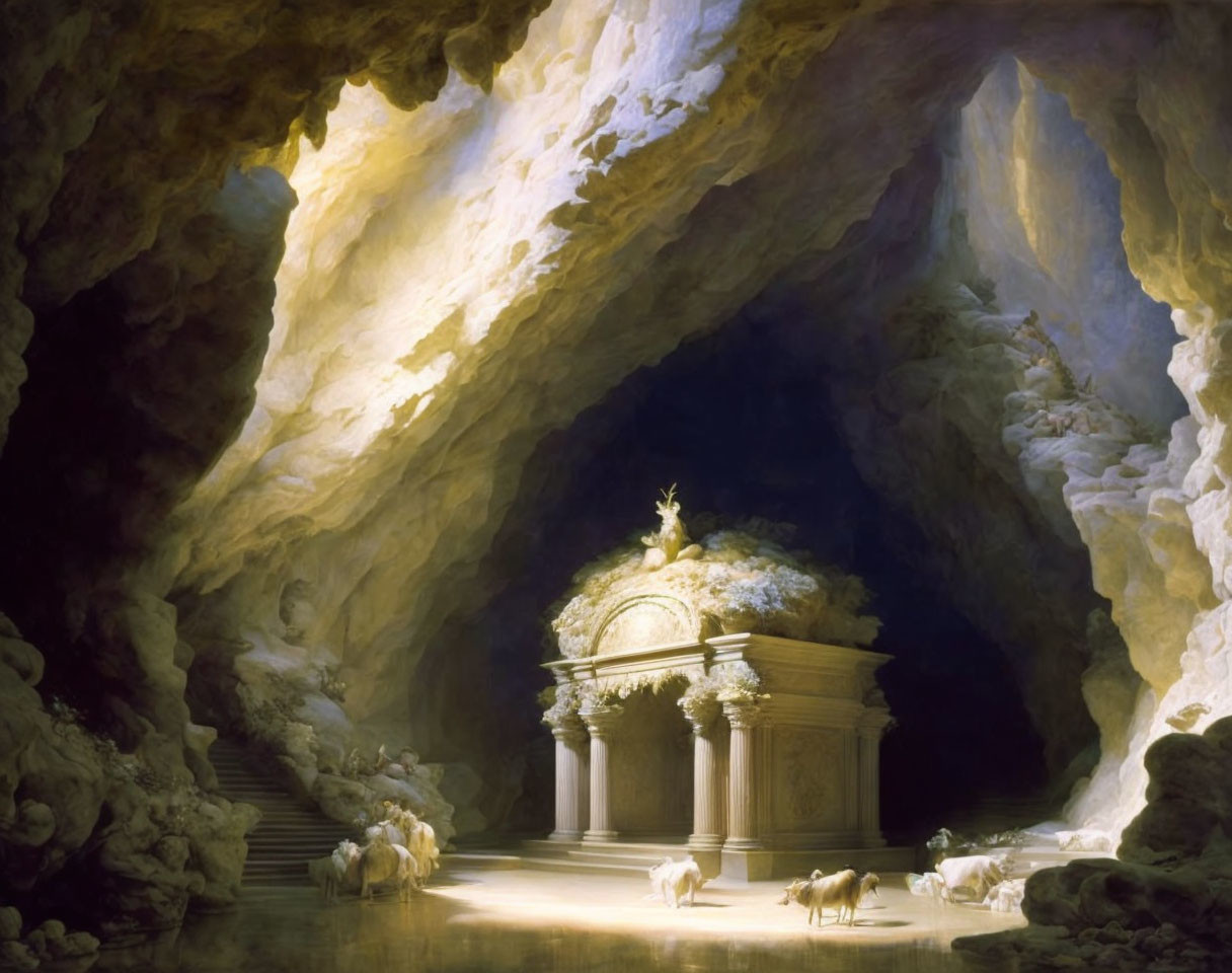 Dome and statues in ethereal light in shadowy cave sheep wander.