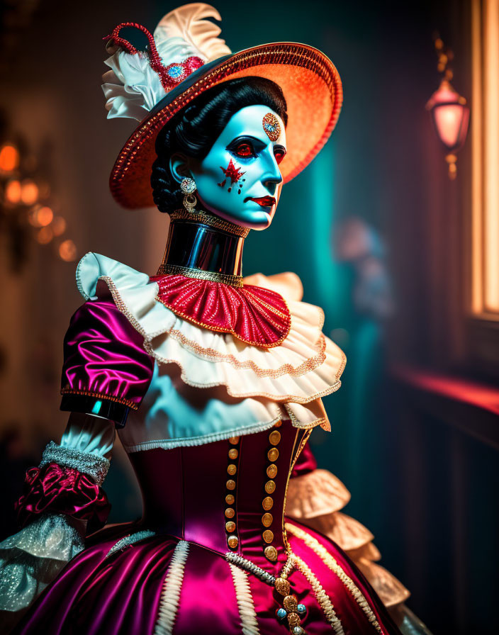 Colorful Female Mannequin in Vintage Burlesque Costume with Decorative Makeup