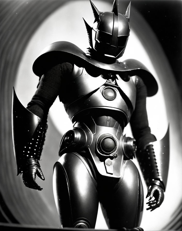 Monochrome image of person in retro robot suit with helmet and articulated joints