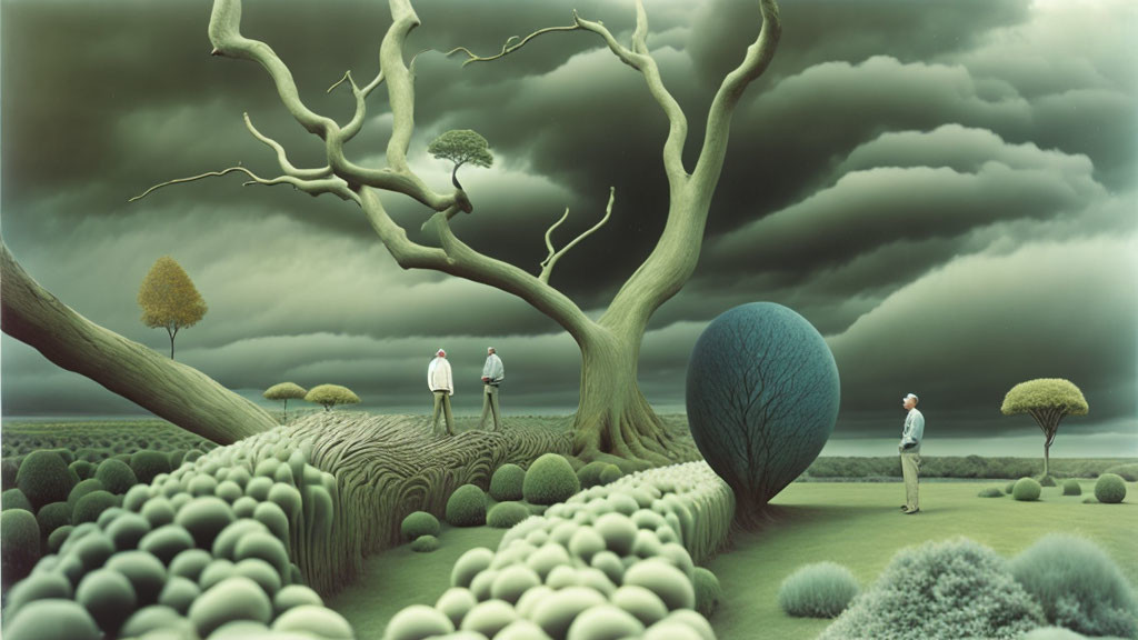 Surreal landscape featuring two men in stylized setting