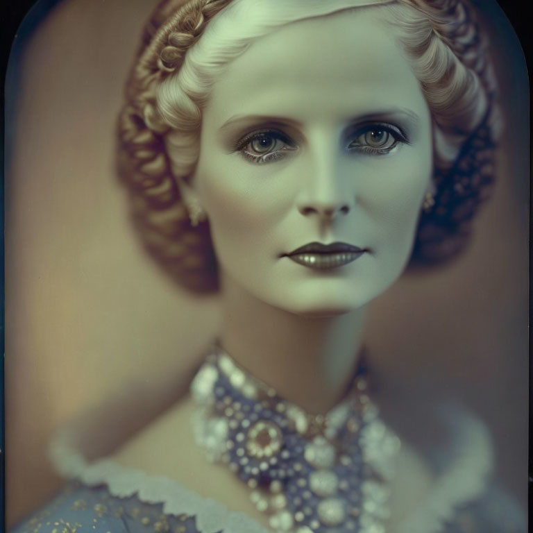 Vintage-Style Portrait of Woman with Braided Hair and Ornate Jewelry in Soft Sepia Tones