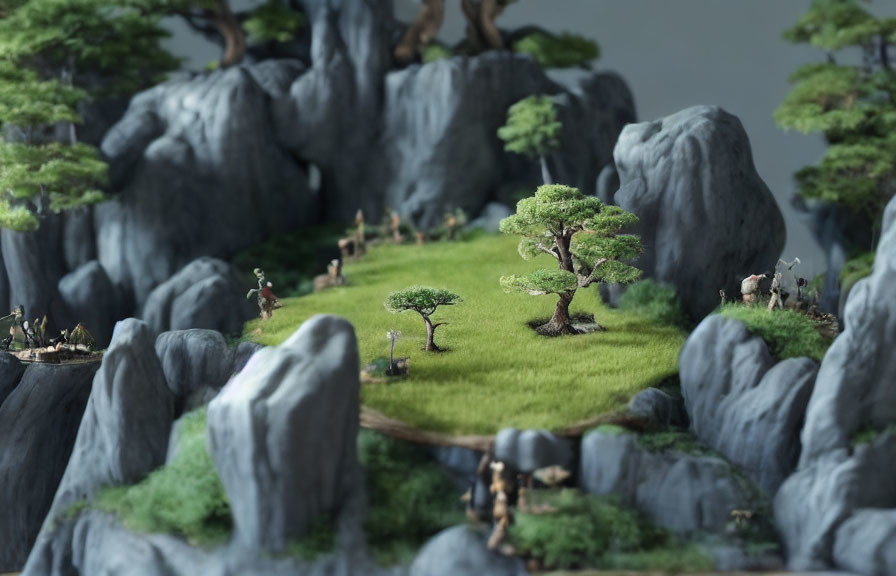 Detailed miniature landscape with green meadows, rocky cliffs, trees, and tiny figures.