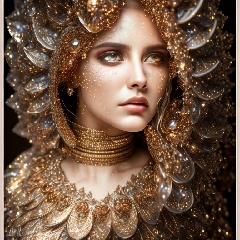 Portrait of Woman with Intricate Golden Jewelry and Pensive Expression