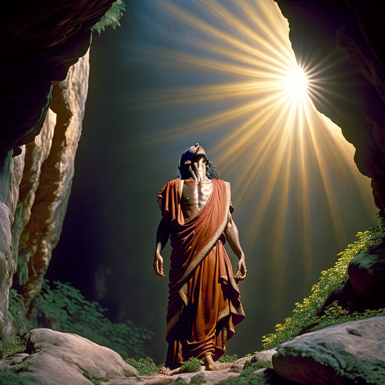 Person in Orange Robes Standing in Rocky Cavern Under Sunlight Burst