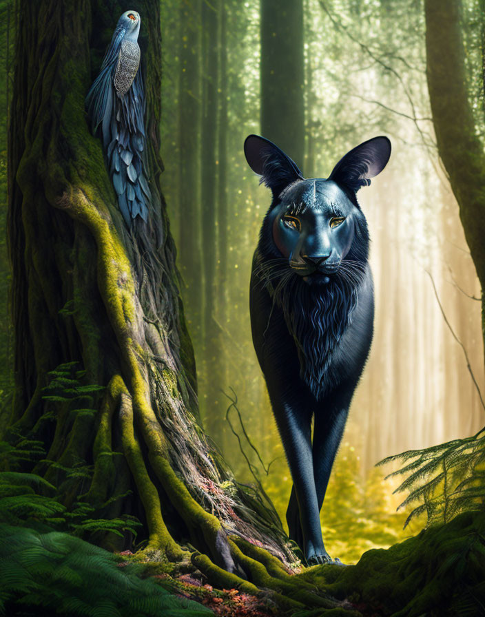 Black panther with human-like eyes in sunlit forest with blue bird on tree