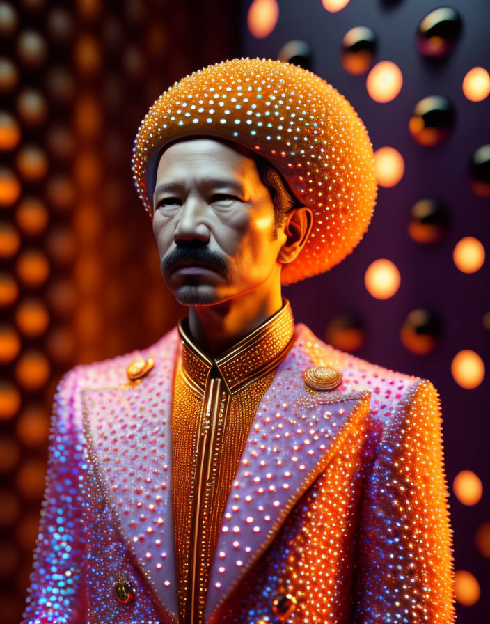 Stylish man in orange hat and purple suit on bokeh background