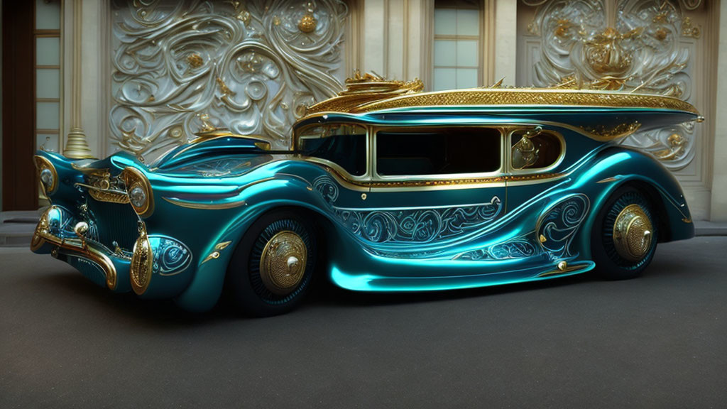 Vintage Car with Turquoise and Gold Design Parked in Front of Elegant Building