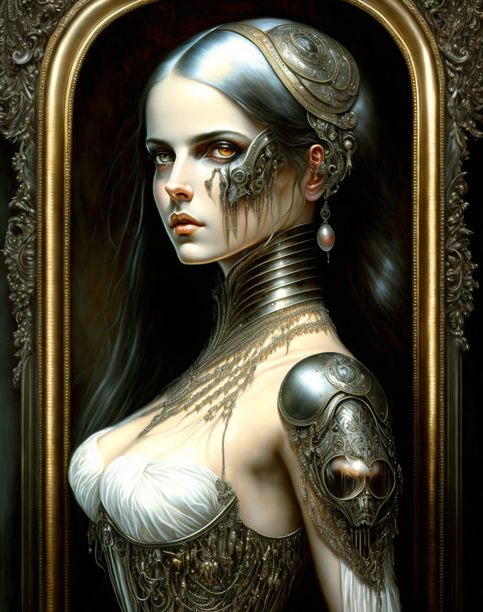 Digital artwork featuring woman with ornate metallic arm and integrated jewelry in embellished border.