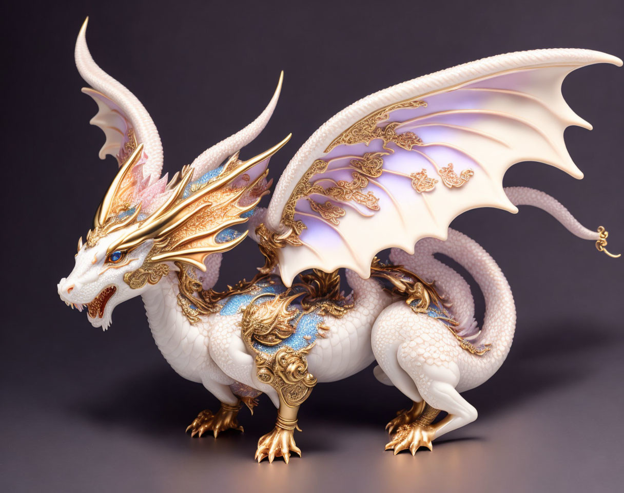 Detailed illustration of majestic white dragon with gold and blue accents, large wings, and ornate head crest