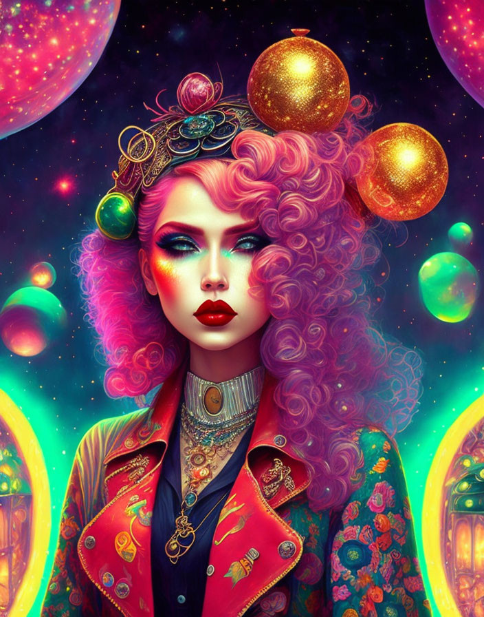 Colorful artwork: Woman with pink hair and cosmic headdress in starry setting