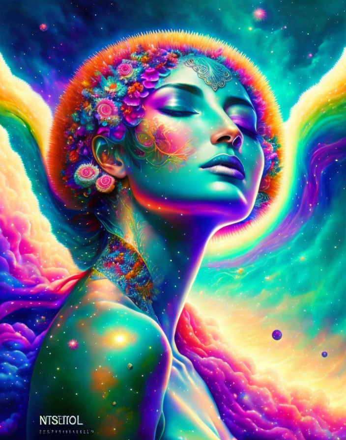 Colorful artwork of woman with floral motifs, closed eyes, cosmic nebula backdrop.