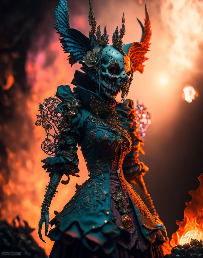 Elaborate skull mask costume with teal dress and feathered wings