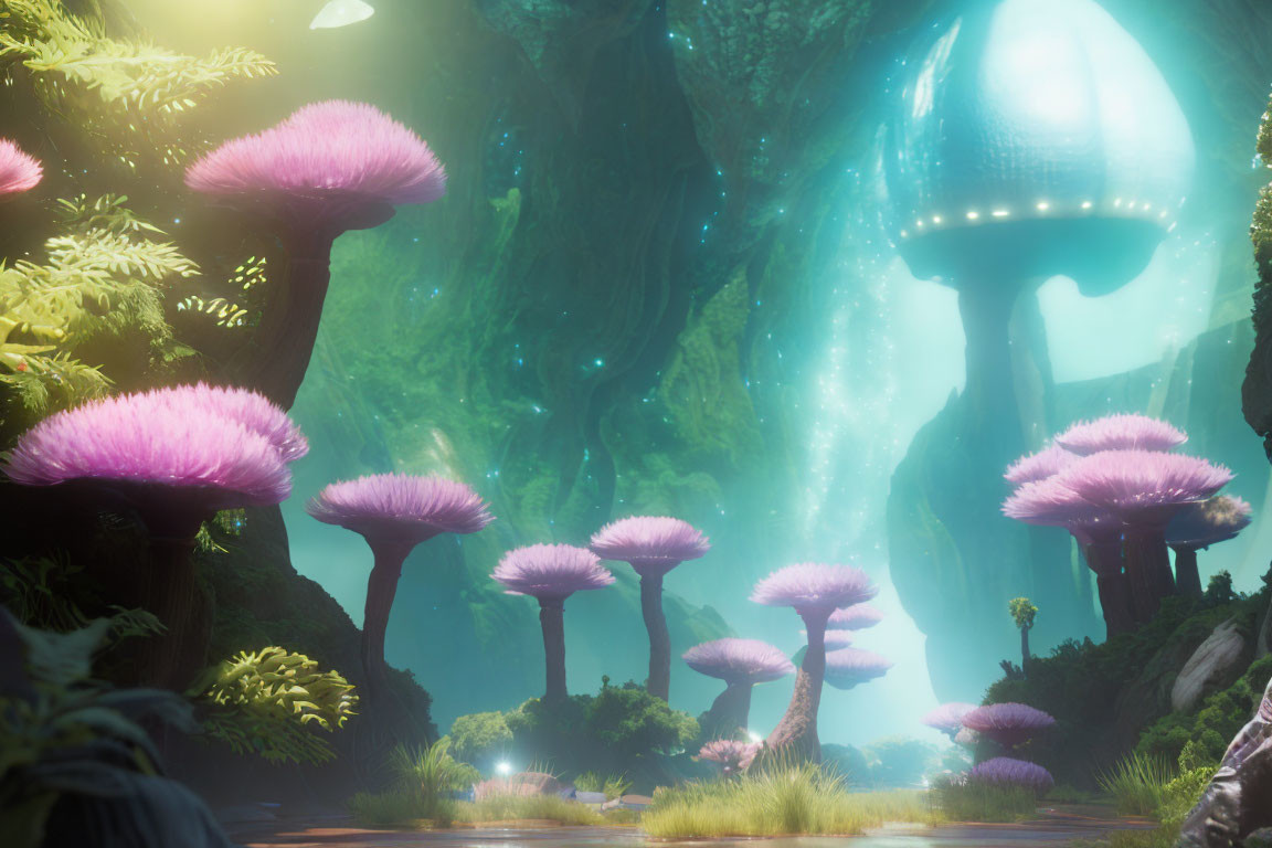 Enchanting forest with bioluminescent mushrooms and plants