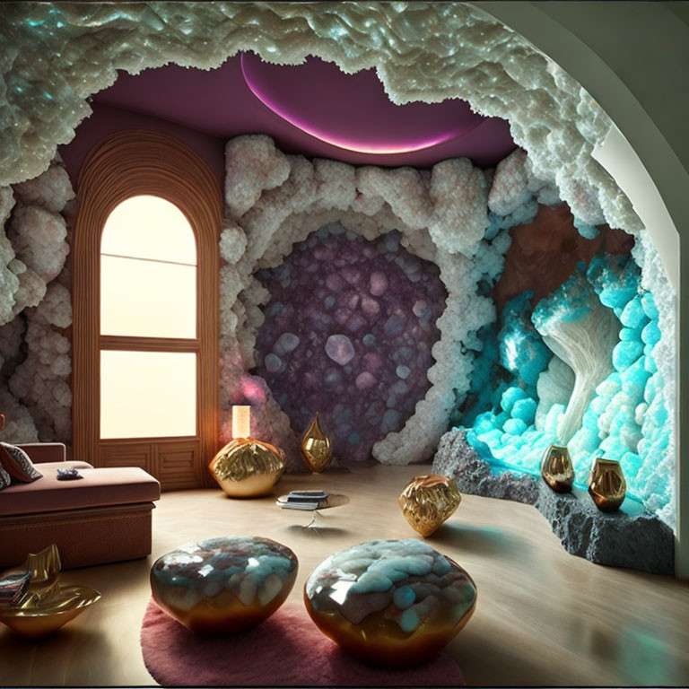 Geode-inspired interior with amethyst accents and organic-shaped furniture