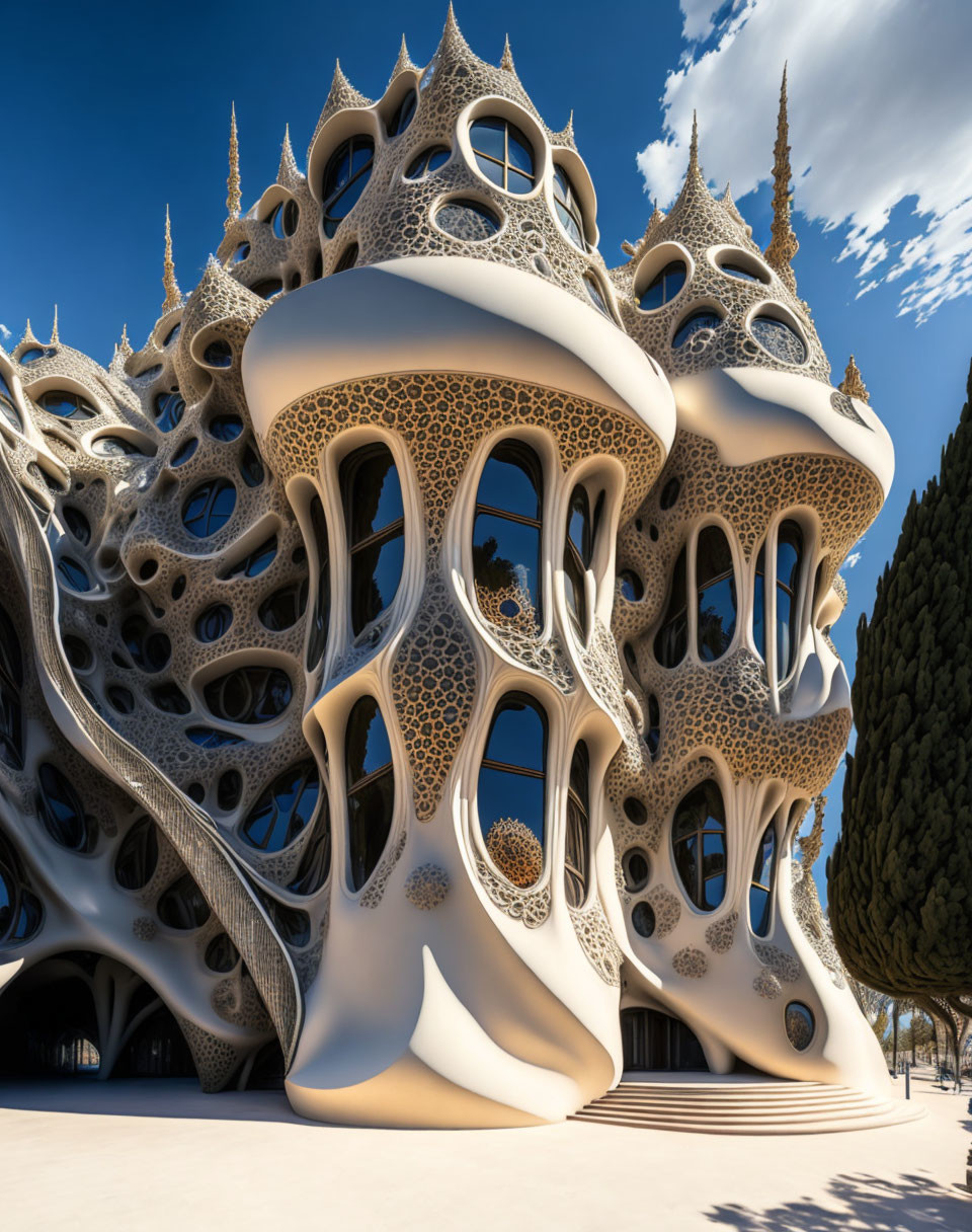 Organic-shaped futuristic building with porous walls under clear blue sky