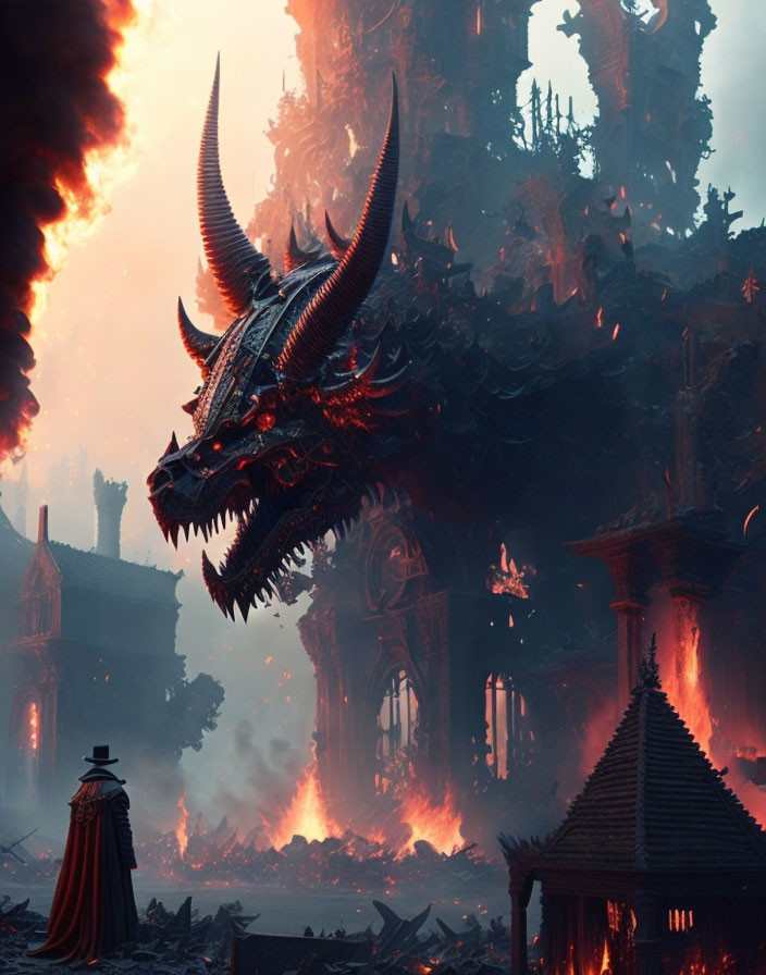 Cloaked figure confronts colossal dragon in gothic, lava cityscape