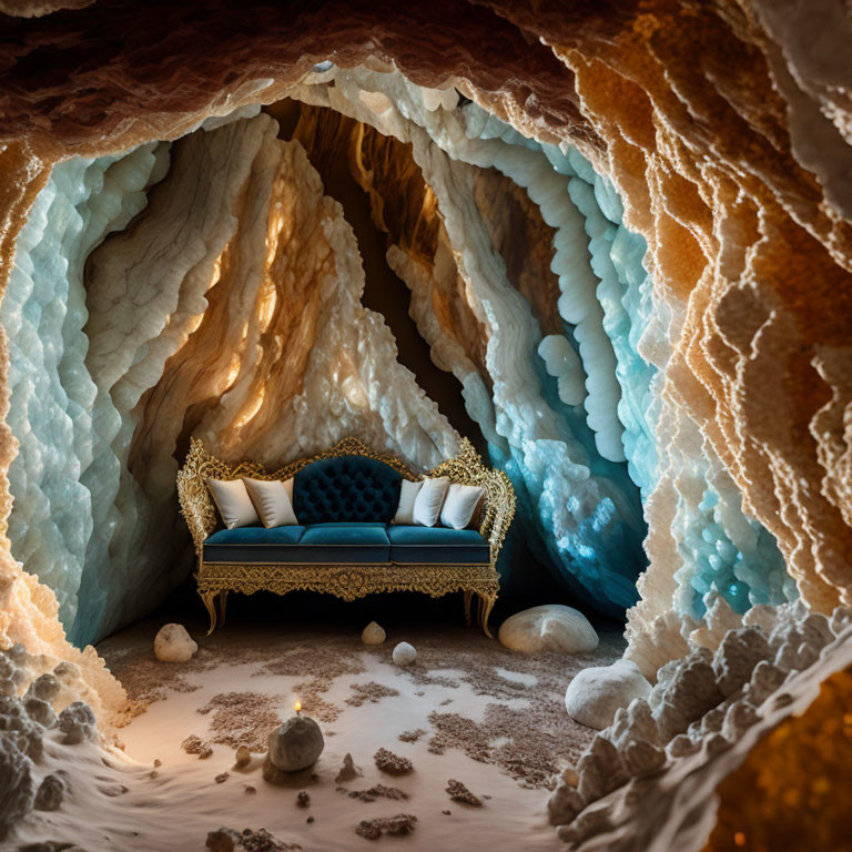 Golden Sofa in Enchanting Cave with Flowing Wax Walls