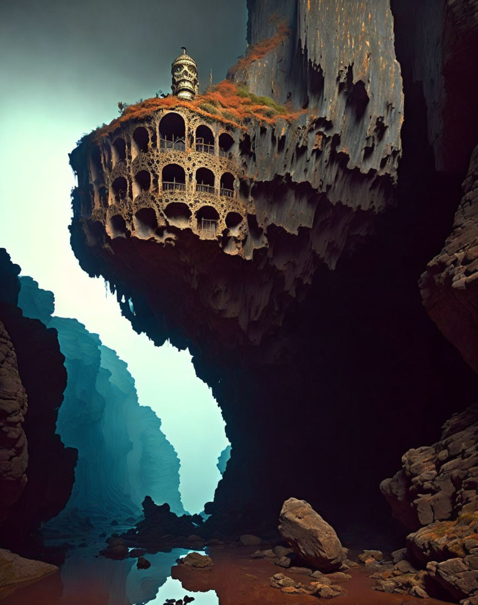 Ancient ornate structure under massive rocky overhang above deep canyon