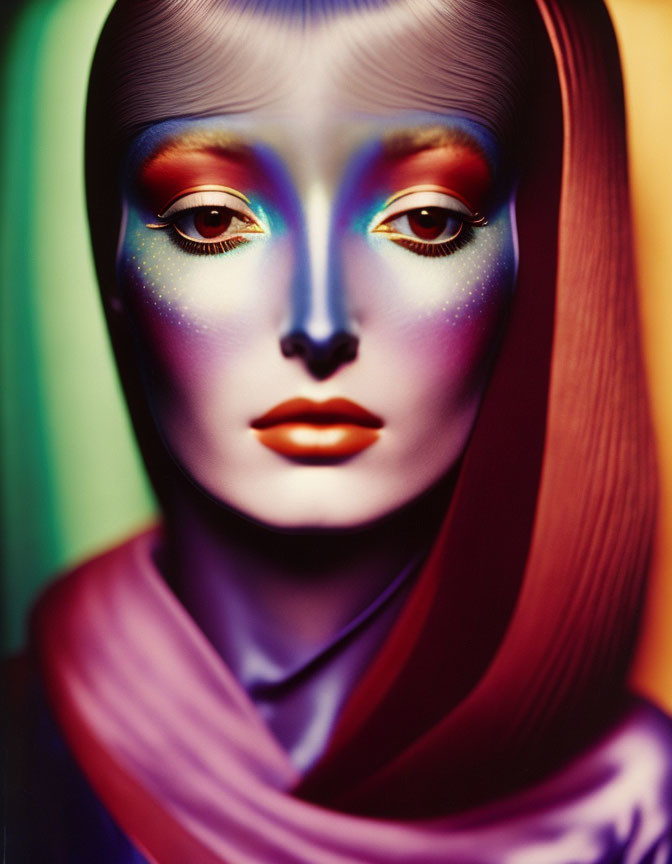 Colorful surreal portrait with artistic makeup and flowing multicolored garment.