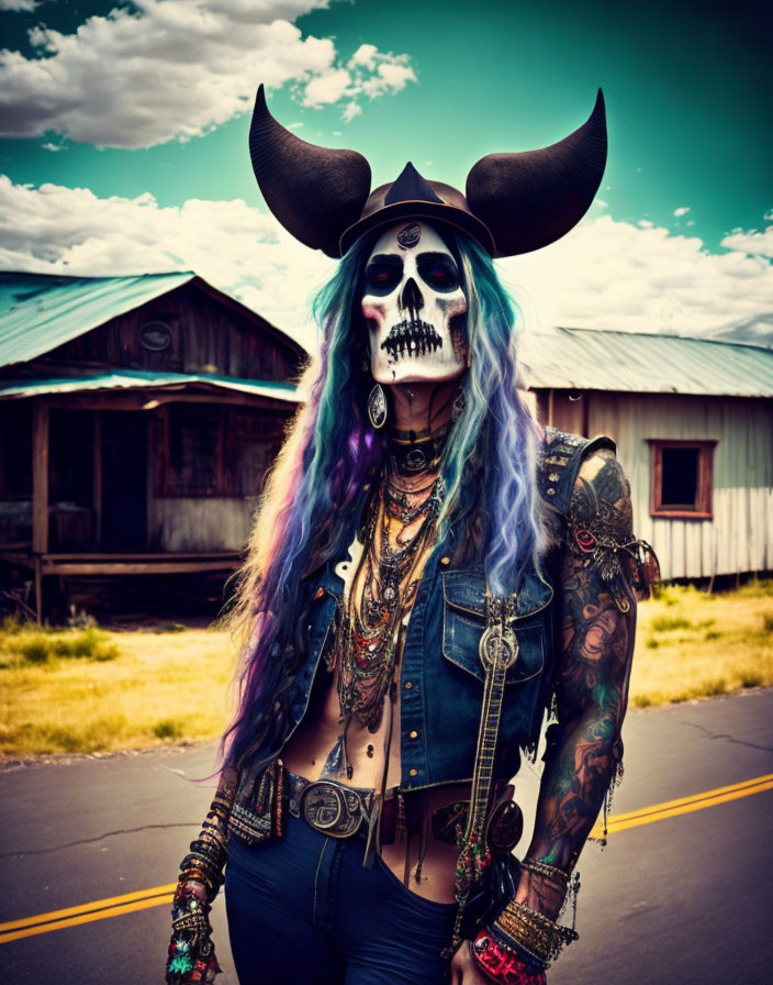 Skull makeup person with purple hair in horned helmet and denim vest portrait