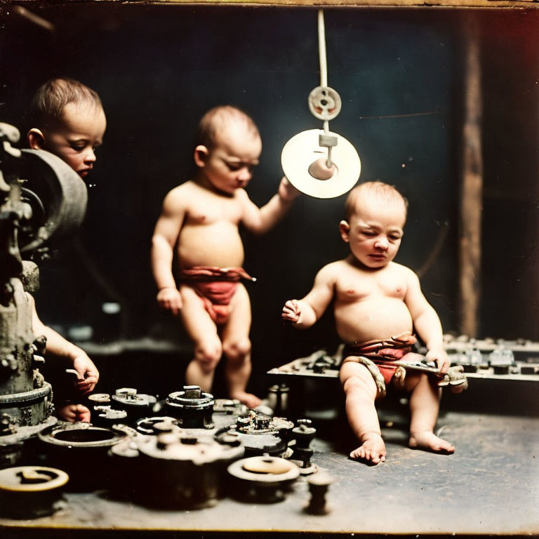 Three toddlers in red cloth diapers with mechanical parts and a hanging scale.