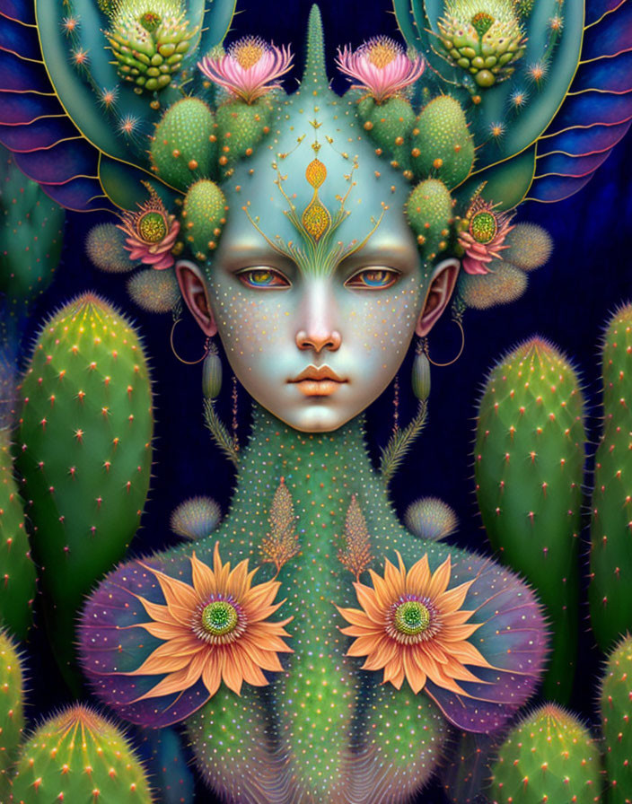 Surreal humanoid figure with cactus-like features on dark blue backdrop