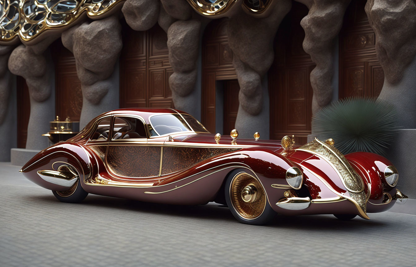 Luxurious Vintage-Style Red and Gold Car on Cobblestone Surface Near Elegant Building