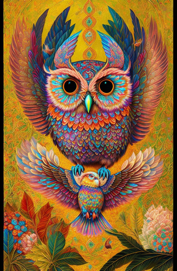 Colorful Owl Illustration with Ornate Floral Motifs