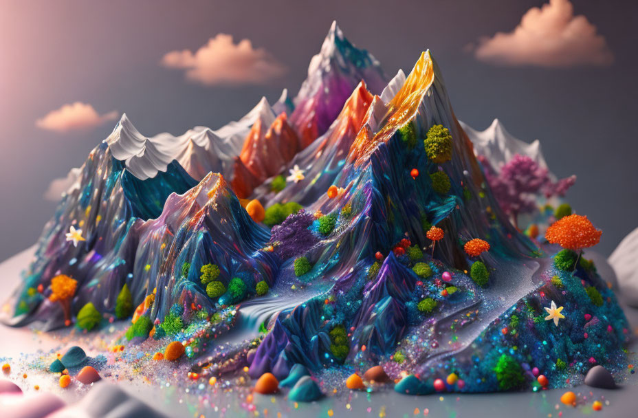 Colorful Whimsical Mountain Peaks in Candy-Like Landscape