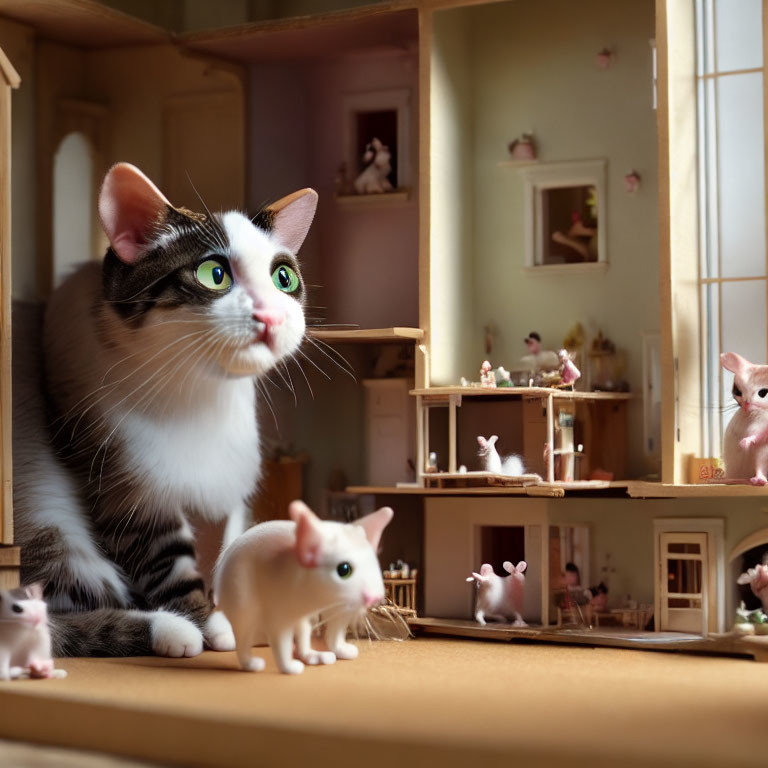 Curious Cat Observes Miniature Dollhouse with Tiny Cat Replicas