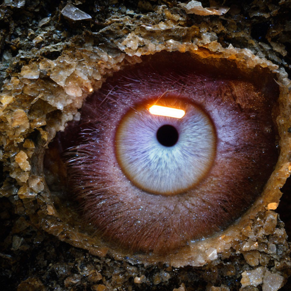 Detailed Close-Up of Human Eye with Brown Iris and Reflected Light on Rough Crystalline Text