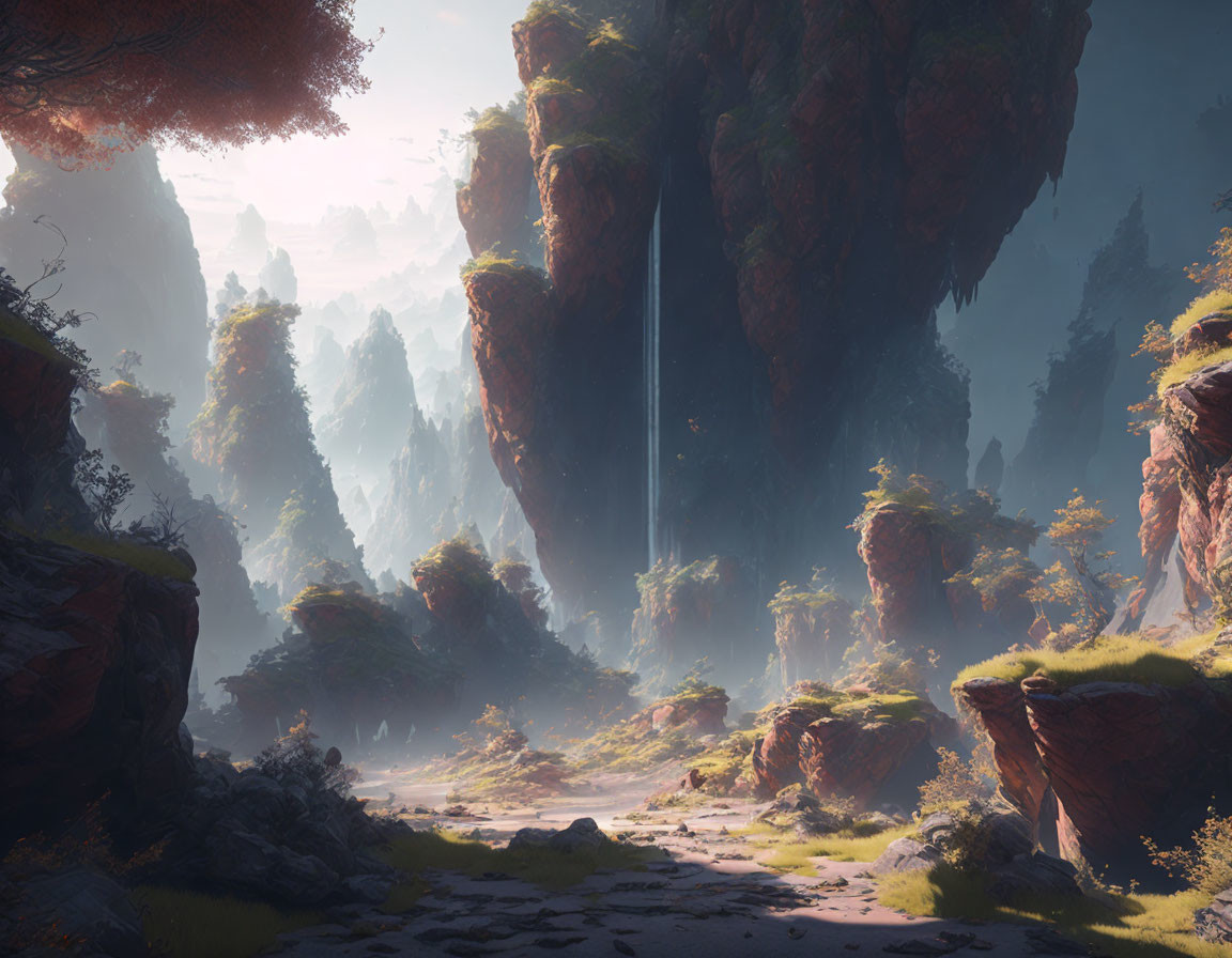 Fantasy landscape with rock formations, waterfalls, lush vegetation, and soft sunlight