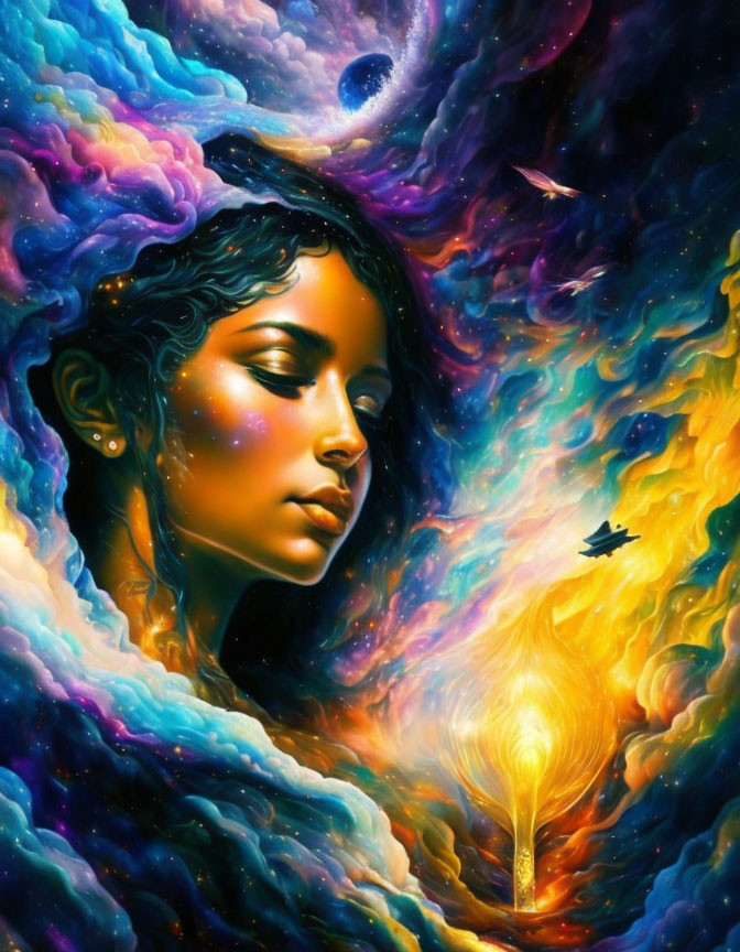 Colorful Artwork: Woman's Face in Cosmic Clouds with Stars and Birds