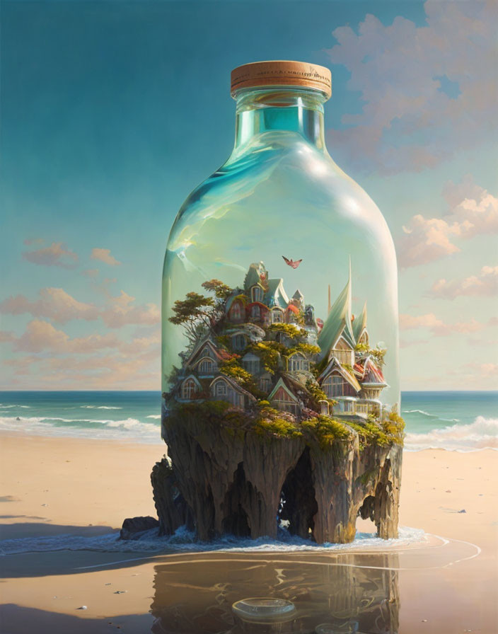 Miniature island in glass bottle on sandy beach under blue sky