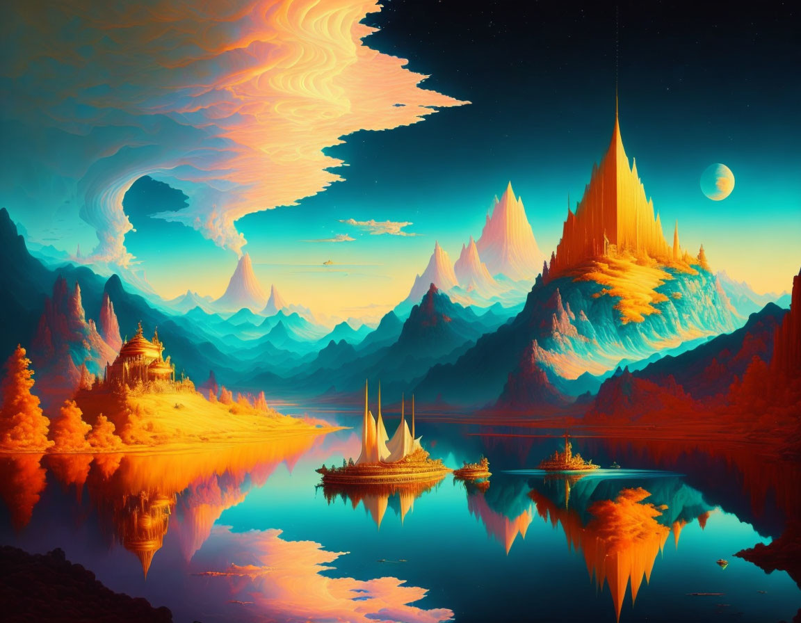 Surreal alien landscape with fiery orange foliage, reflective water, majestic mountains, swirling sky.