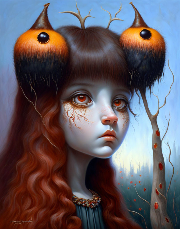 Portrait of a girl with expressive eyes, red hair, and tree-like antlers