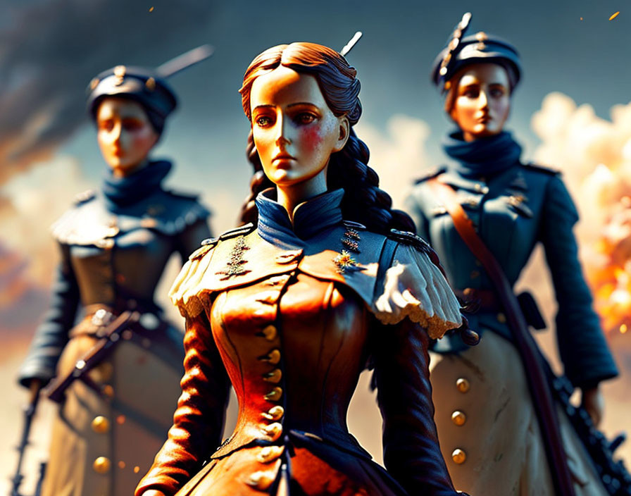 Stylized female figures in ornate military uniforms under dramatic sky