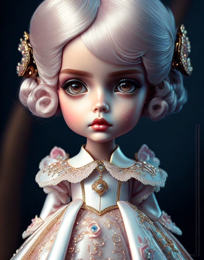 Victorian-style porcelain doll with curly hair and detailed dress