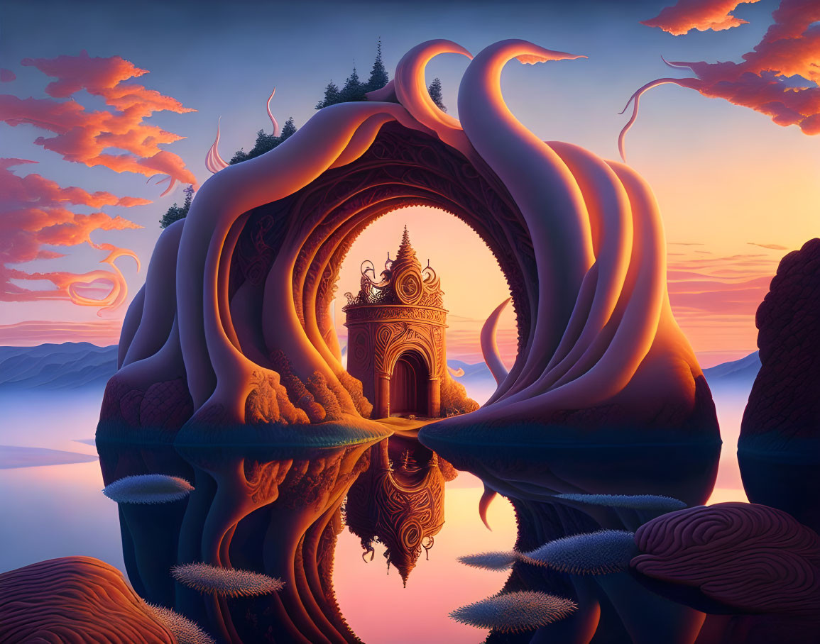 Surreal landscape featuring ornate doorway in organic structure under pink dusk sky.