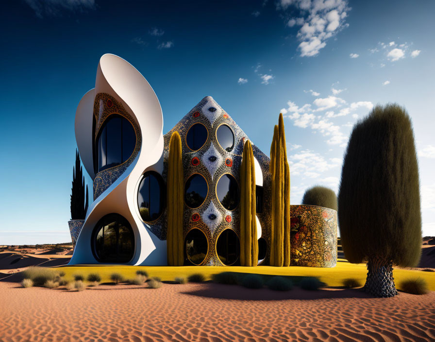 Organic-shaped futuristic building in desert landscape