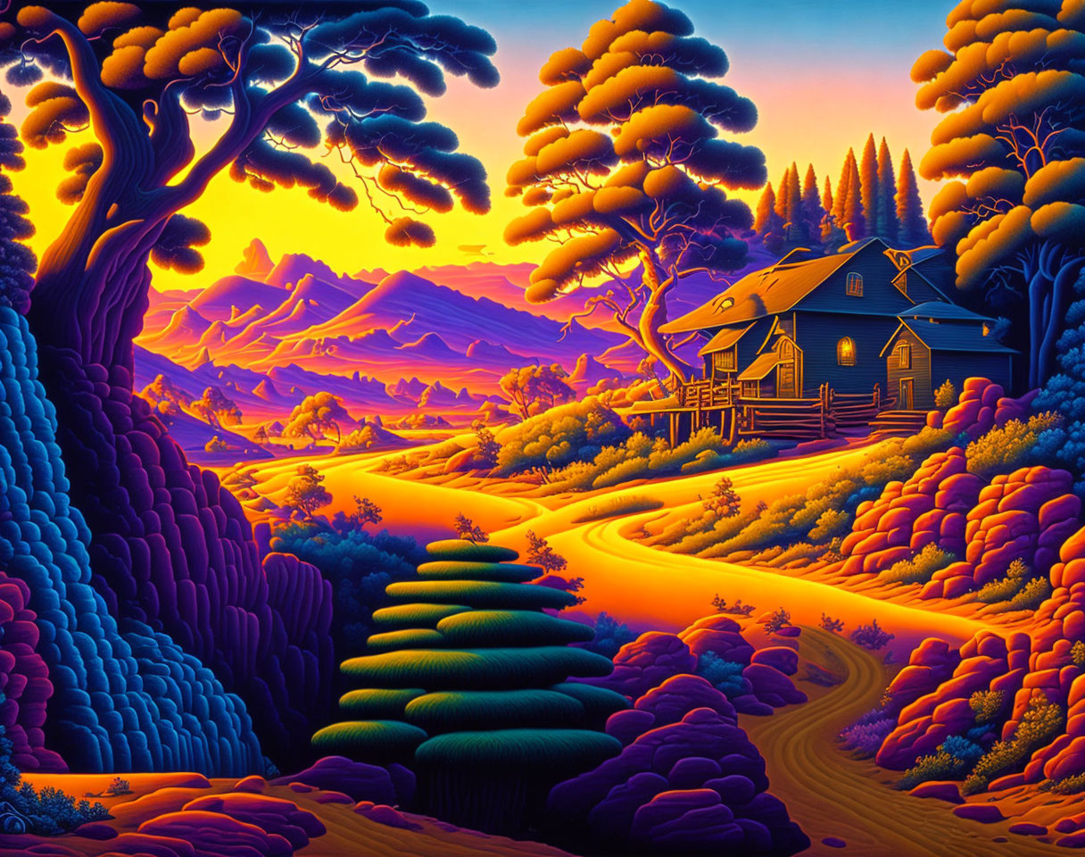 Colorful Sunset Landscape Painting with Wooden House and Surreal Trees