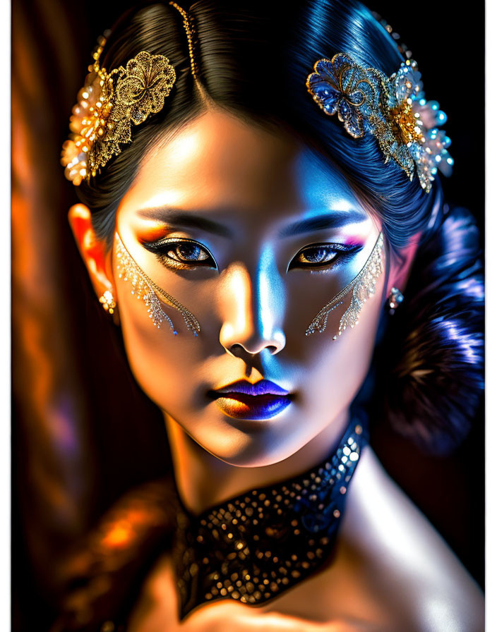 Elaborate makeup and gold accessories on woman in colorful lighting