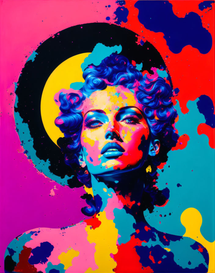 Colorful Pop Art Portrait of Woman with Blue Curls and Crescent Moon Background