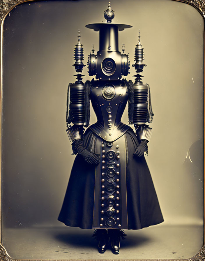 Robot in Victorian-style dress and hat, sepia-toned portrait