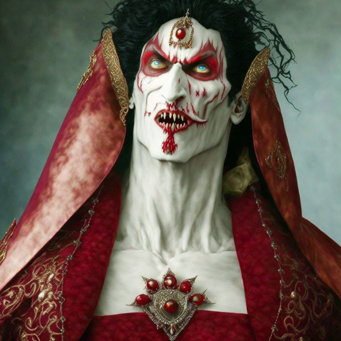 Character with vampire-like makeup in red and gold robe